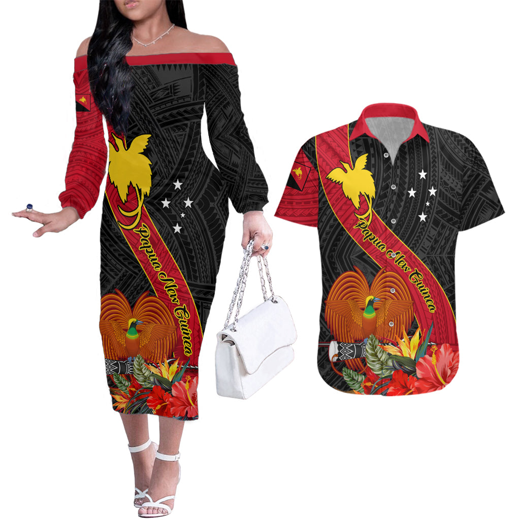 Personalised Papua New Guinea Couples Matching Off The Shoulder Long Sleeve Dress and Hawaiian Shirt Bird Of Paradise With Tropical Flower LT01 Black - Polynesian Pride