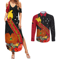 Personalised Papua New Guinea Couples Matching Summer Maxi Dress and Long Sleeve Button Shirts Bird Of Paradise With Tropical Flower LT01 Black - Polynesian Pride