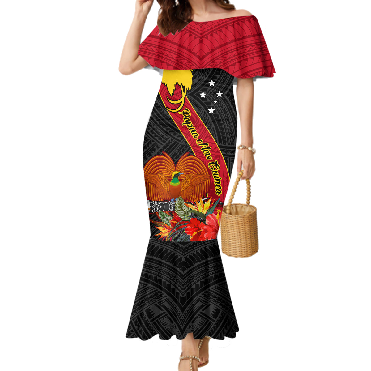 Personalised Papua New Guinea Family Matching Mermaid Dress and Hawaiian Shirt Bird Of Paradise With Tropical Flower LT01 Mom's Dress Black - Polynesian Pride