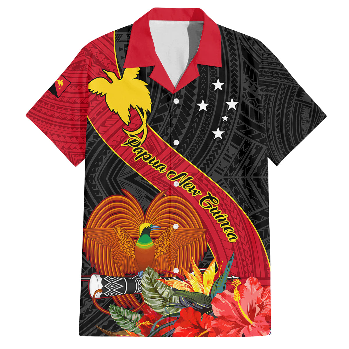 Personalised Papua New Guinea Family Matching Puletasi Dress and Hawaiian Shirt Bird Of Paradise With Tropical Flower LT01 Dad's Shirt - Short Sleeve Black - Polynesian Pride