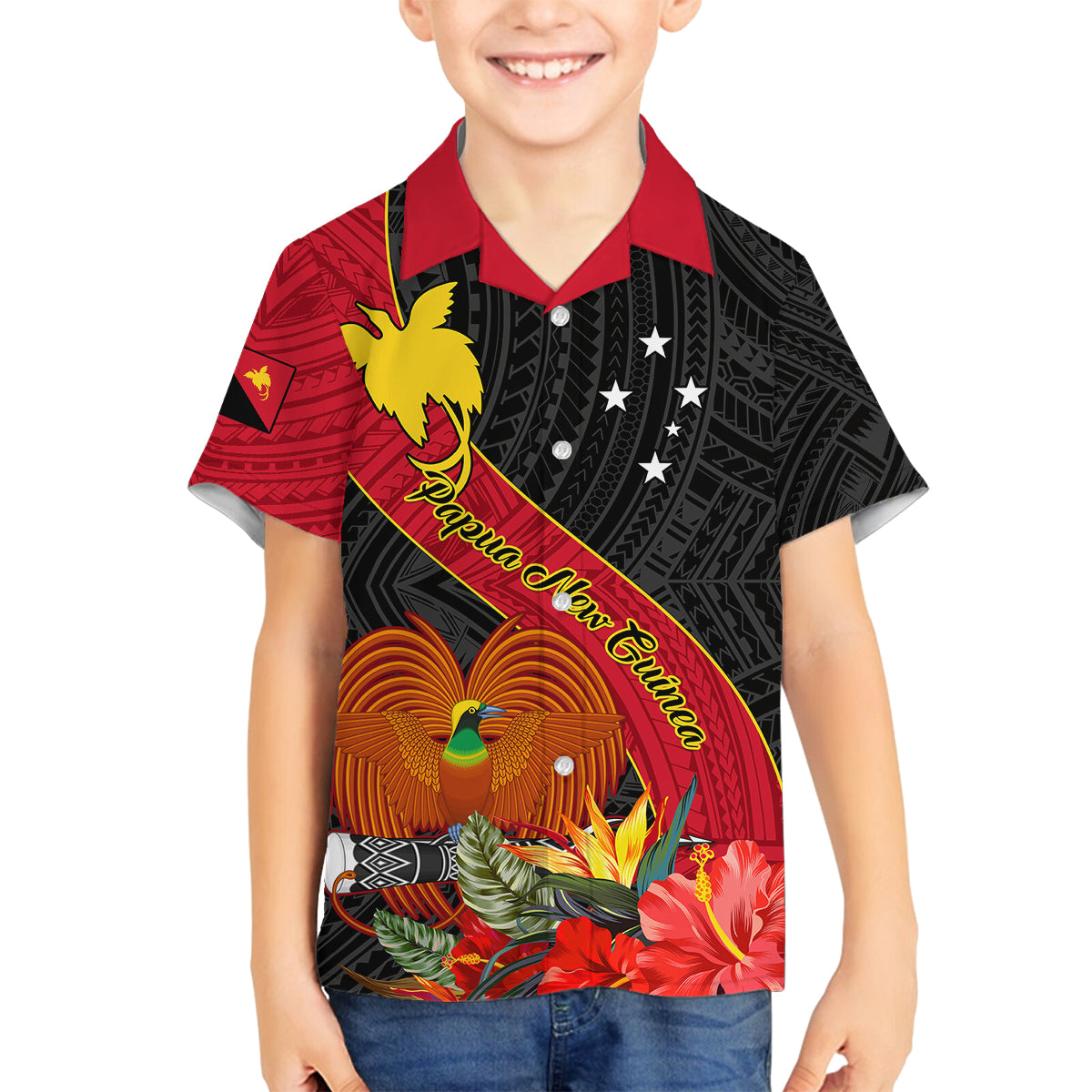 Personalised Papua New Guinea Family Matching Tank Maxi Dress and Hawaiian Shirt Bird Of Paradise With Tropical Flower LT01 Son's Shirt Black - Polynesian Pride