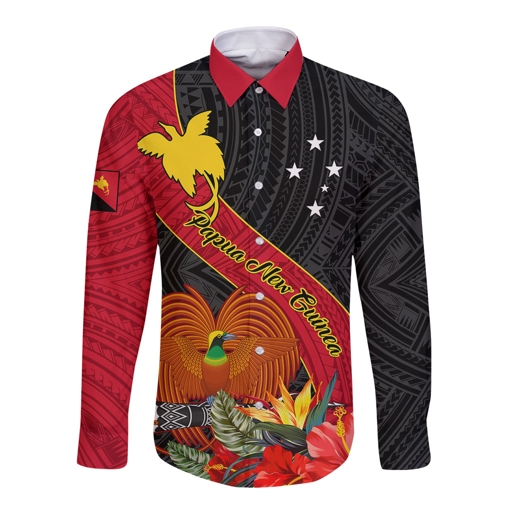 Personalised Papua New Guinea Long Sleeve Button Shirt Bird Of Paradise With Tropical Flower LT01 Unisex Black - Polynesian Pride