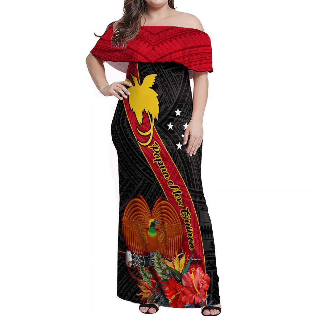 Personalised Papua New Guinea Off Shoulder Maxi Dress Bird Of Paradise With Tropical Flower LT01 Women Black - Polynesian Pride