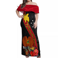 Personalised Papua New Guinea Off Shoulder Maxi Dress Bird Of Paradise With Tropical Flower LT01 Women Black - Polynesian Pride