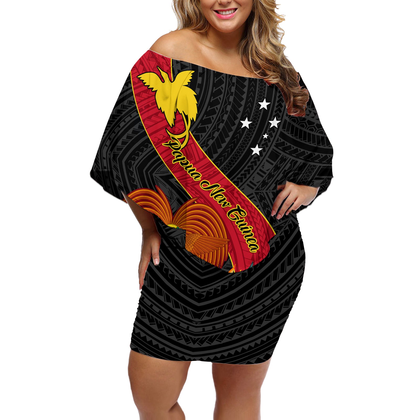 Personalised Papua New Guinea Off Shoulder Short Dress Bird Of Paradise With Tropical Flower LT01 Women Black - Polynesian Pride