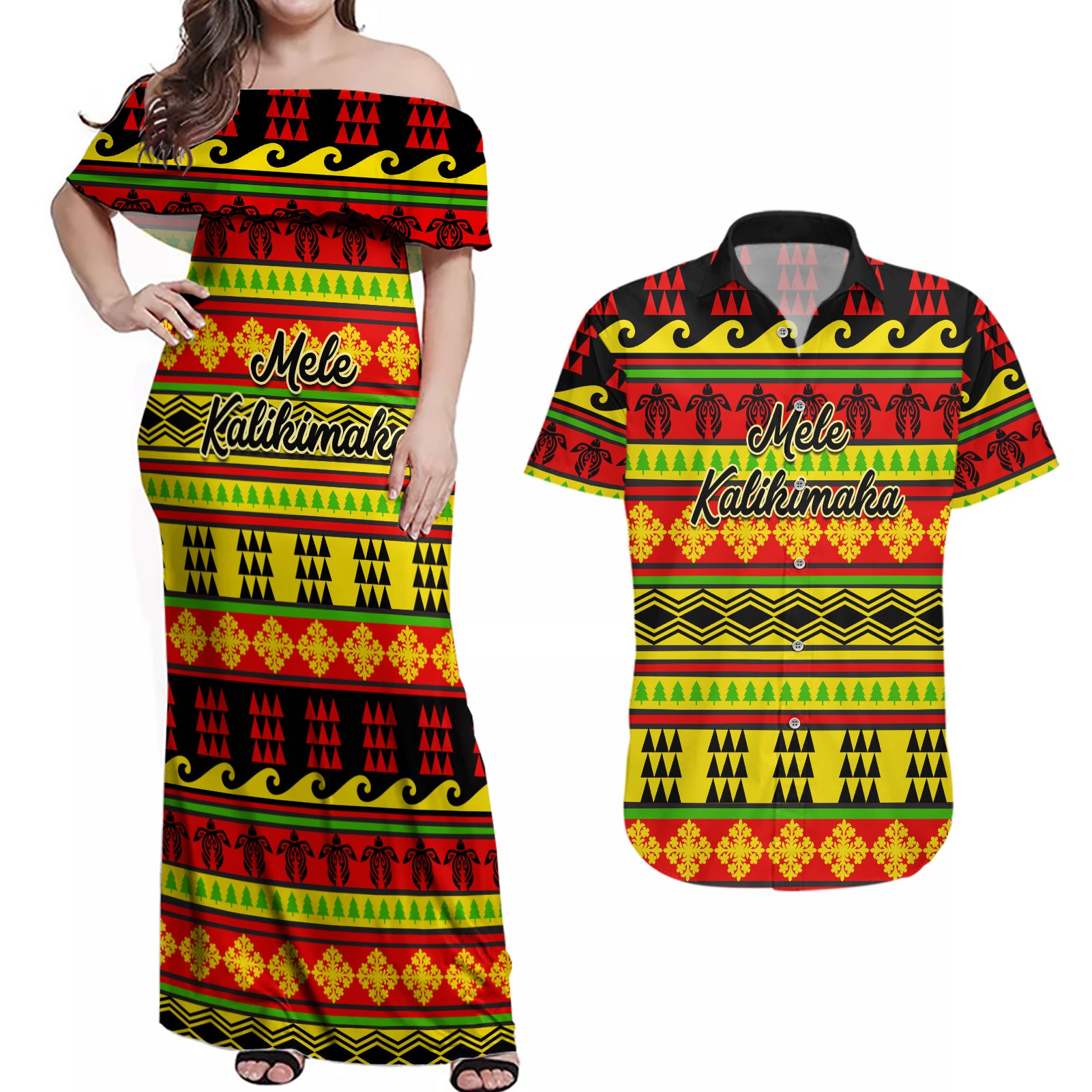 Custom Hawaii Christmas Couples Matching Off Shoulder Maxi Dress and Hawaiian Shirt Hawaiian Quilt Pattern Reggae Version LT01 Art - Polynesian Pride