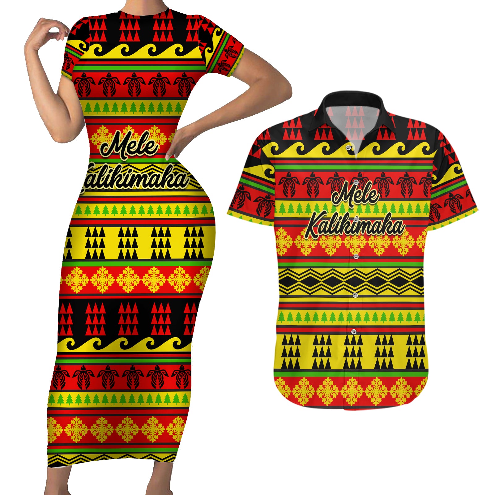 Custom Hawaii Christmas Couples Matching Short Sleeve Bodycon Dress and Hawaiian Shirt Hawaiian Quilt Pattern Reggae Version LT01 Art - Polynesian Pride