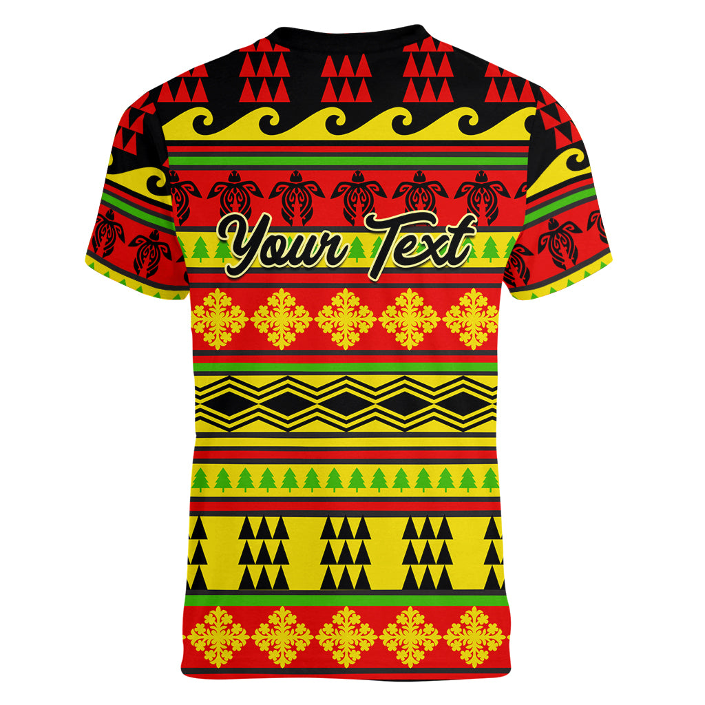 Custom Hawaii Christmas Women V Neck T Shirt Hawaiian Quilt Pattern Reggae Version LT01 - Polynesian Pride