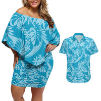 Tahiti Ninamu Tiare Floral Couples Matching Off Shoulder Short Dress and Hawaiian Shirt Monstera Palm Tropical Leaves - Polynesian Pride