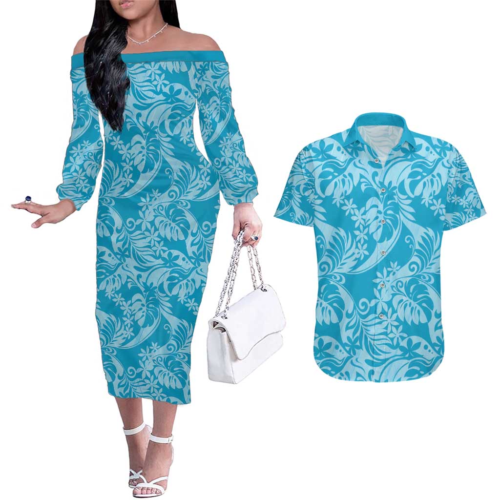 Tahiti Ninamu Tiare Floral Couples Matching Off The Shoulder Long Sleeve Dress and Hawaiian Shirt Monstera Palm Tropical Leaves - Polynesian Pride