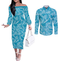 Tahiti Ninamu Tiare Floral Couples Matching Off The Shoulder Long Sleeve Dress and Long Sleeve Button Shirt Monstera Palm Tropical Leaves - Polynesian Pride