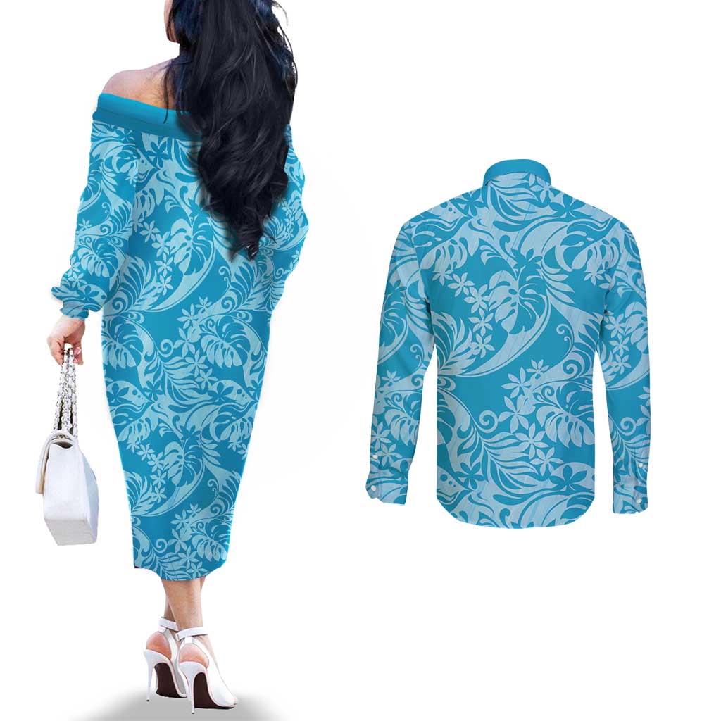 Tahiti Ninamu Tiare Floral Couples Matching Off The Shoulder Long Sleeve Dress and Long Sleeve Button Shirt Monstera Palm Tropical Leaves - Polynesian Pride