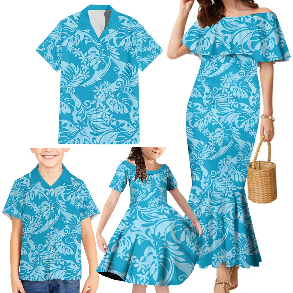 Tahiti Ninamu Tiare Floral Family Matching Mermaid Dress and Hawaiian Shirt Monstera Palm Tropical Leaves - Polynesian Pride