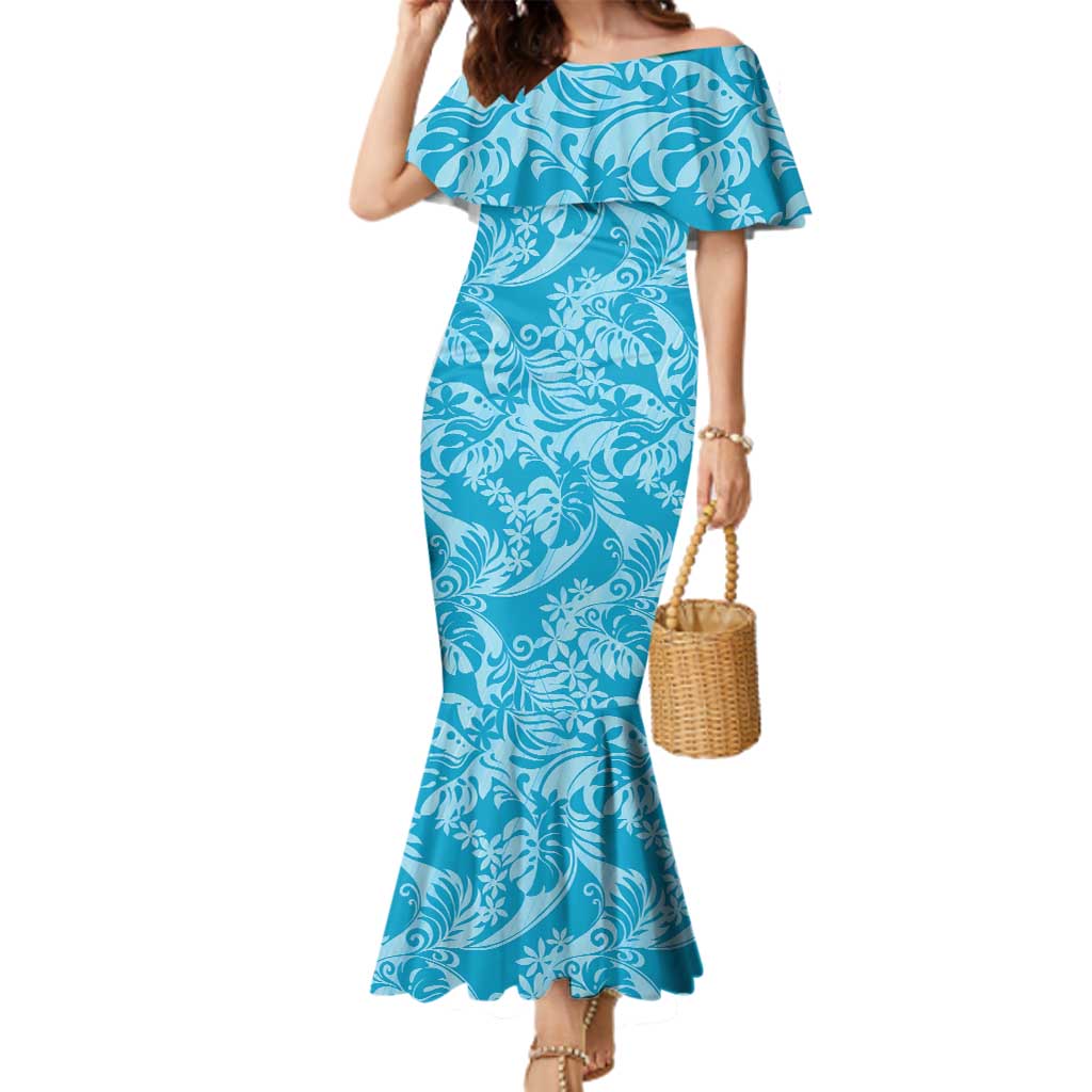 Tahiti Ninamu Tiare Floral Family Matching Mermaid Dress and Hawaiian Shirt Monstera Palm Tropical Leaves - Polynesian Pride