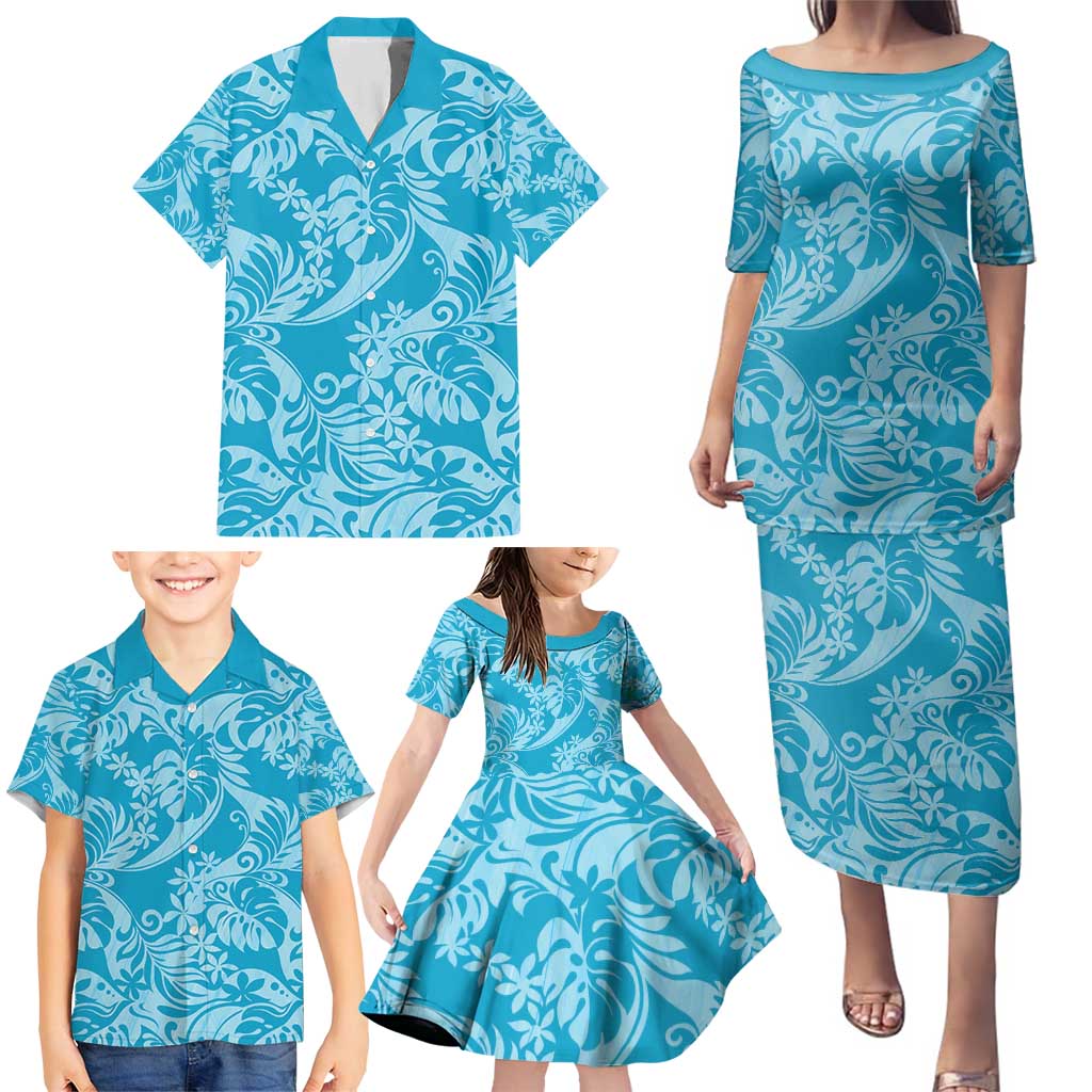 Tahiti Ninamu Tiare Floral Family Matching Puletasi and Hawaiian Shirt Monstera Palm Tropical Leaves - Polynesian Pride