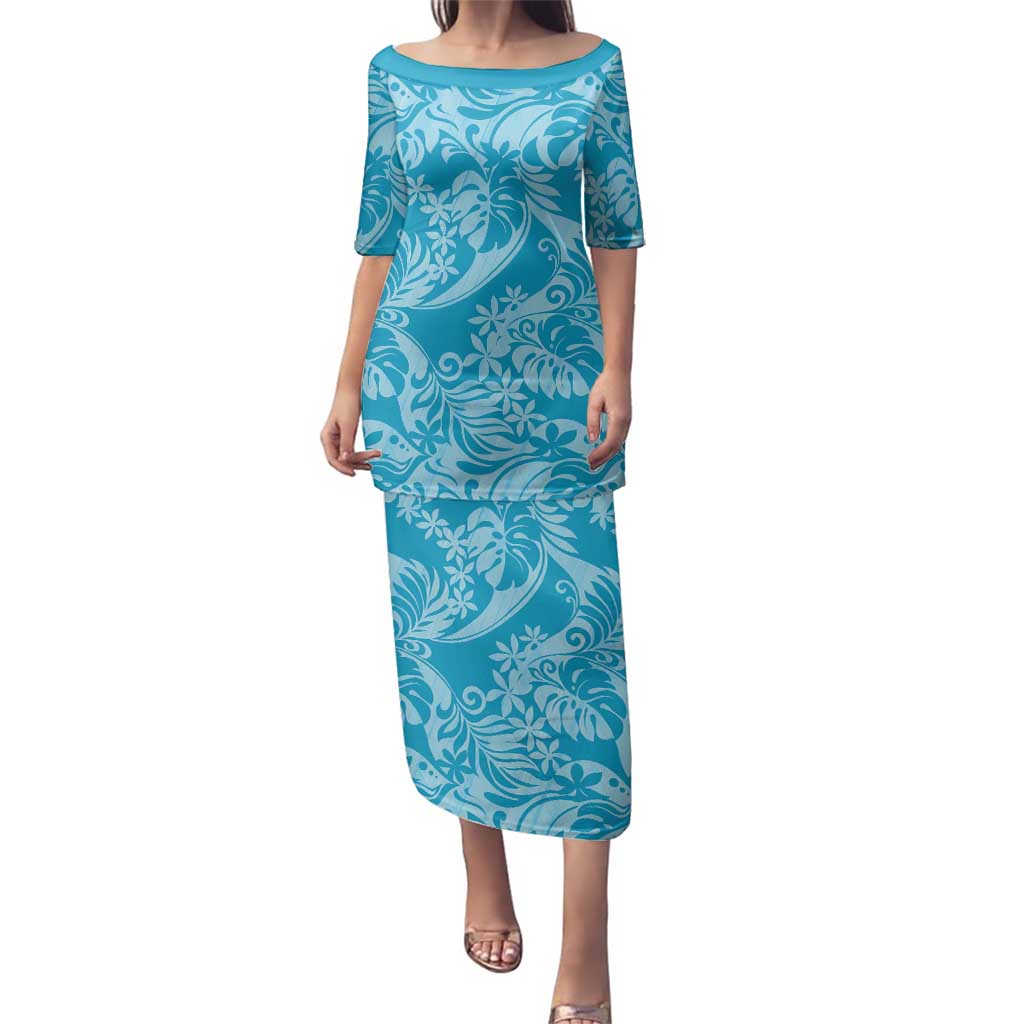 Tahiti Ninamu Tiare Floral Family Matching Puletasi and Hawaiian Shirt Monstera Palm Tropical Leaves - Polynesian Pride