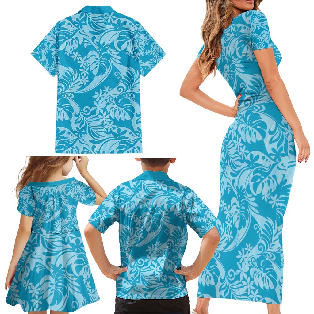 Tahiti Ninamu Tiare Floral Family Matching Short Sleeve Bodycon Dress and Hawaiian Shirt Monstera Palm Tropical Leaves - Polynesian Pride