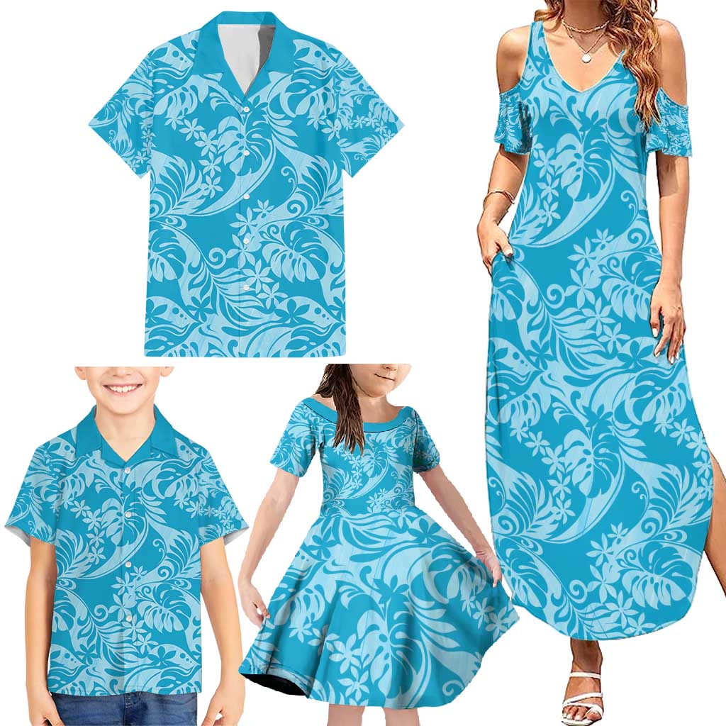 Tahiti Ninamu Tiare Floral Family Matching Summer Maxi Dress and Hawaiian Shirt Monstera Palm Tropical Leaves - Polynesian Pride