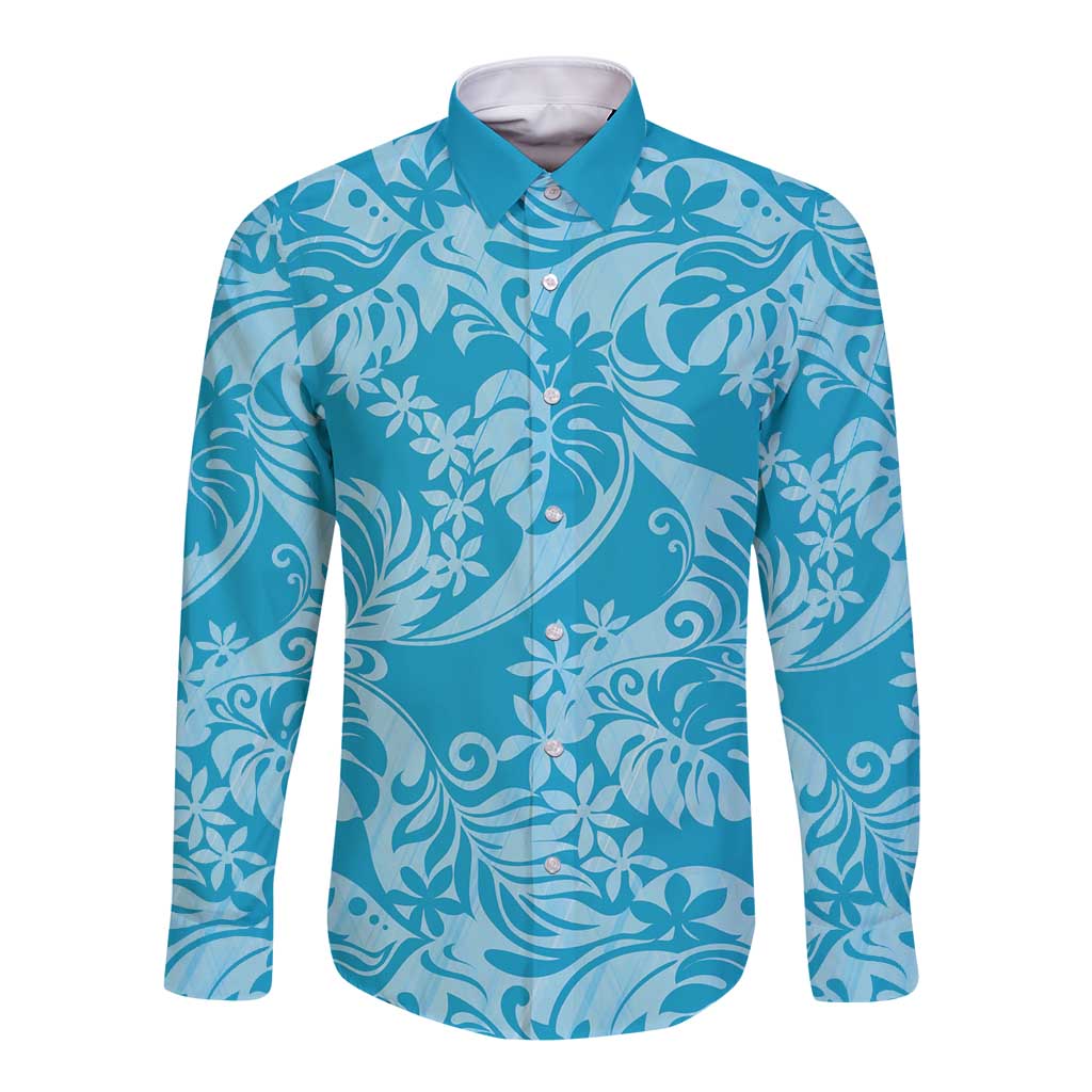 Tahiti Ninamu Tiare Floral Long Sleeve Button Shirt Monstera Palm Tropical Leaves - Polynesian Pride