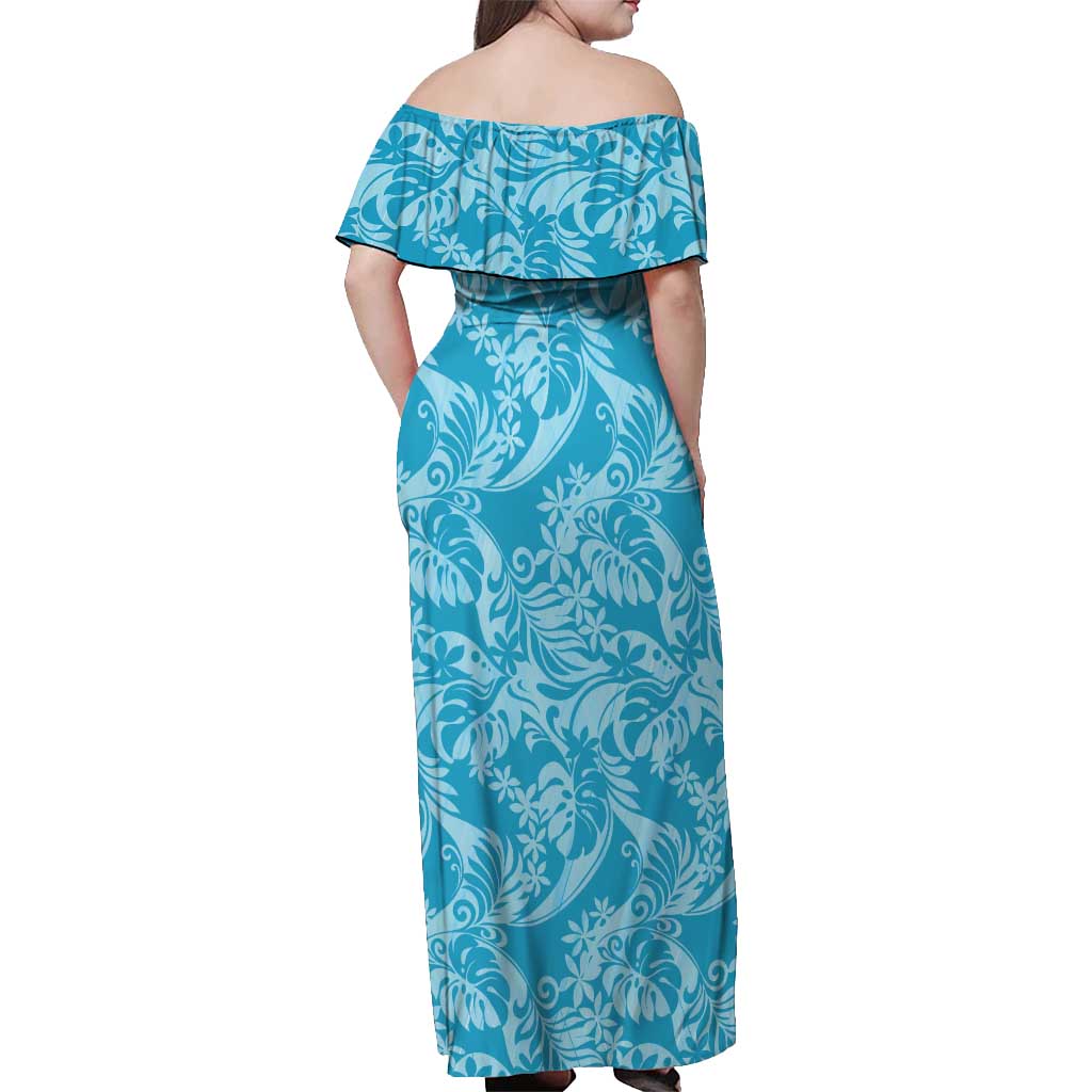 Tahiti Ninamu Tiare Floral Off Shoulder Maxi Dress Monstera Palm Tropical Leaves - Polynesian Pride
