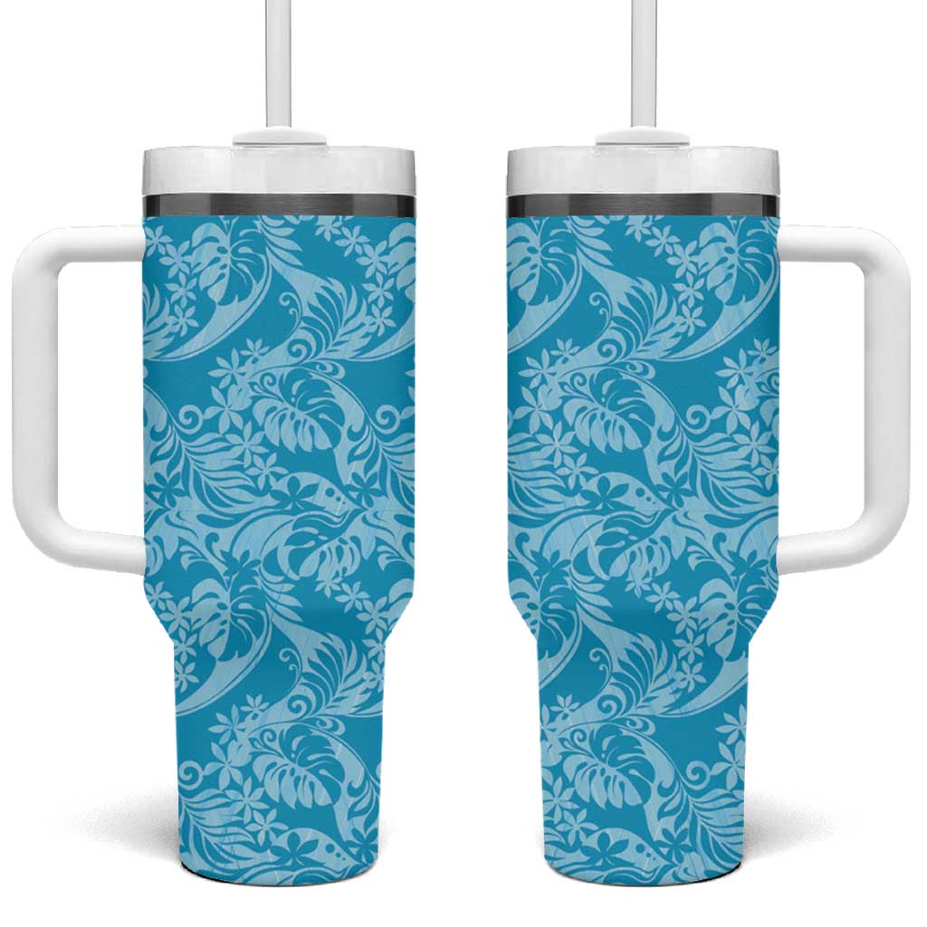 Tahiti Ninamu Tiare Floral Tumbler With Handle Monstera Palm Tropical Leaves - Polynesian Pride
