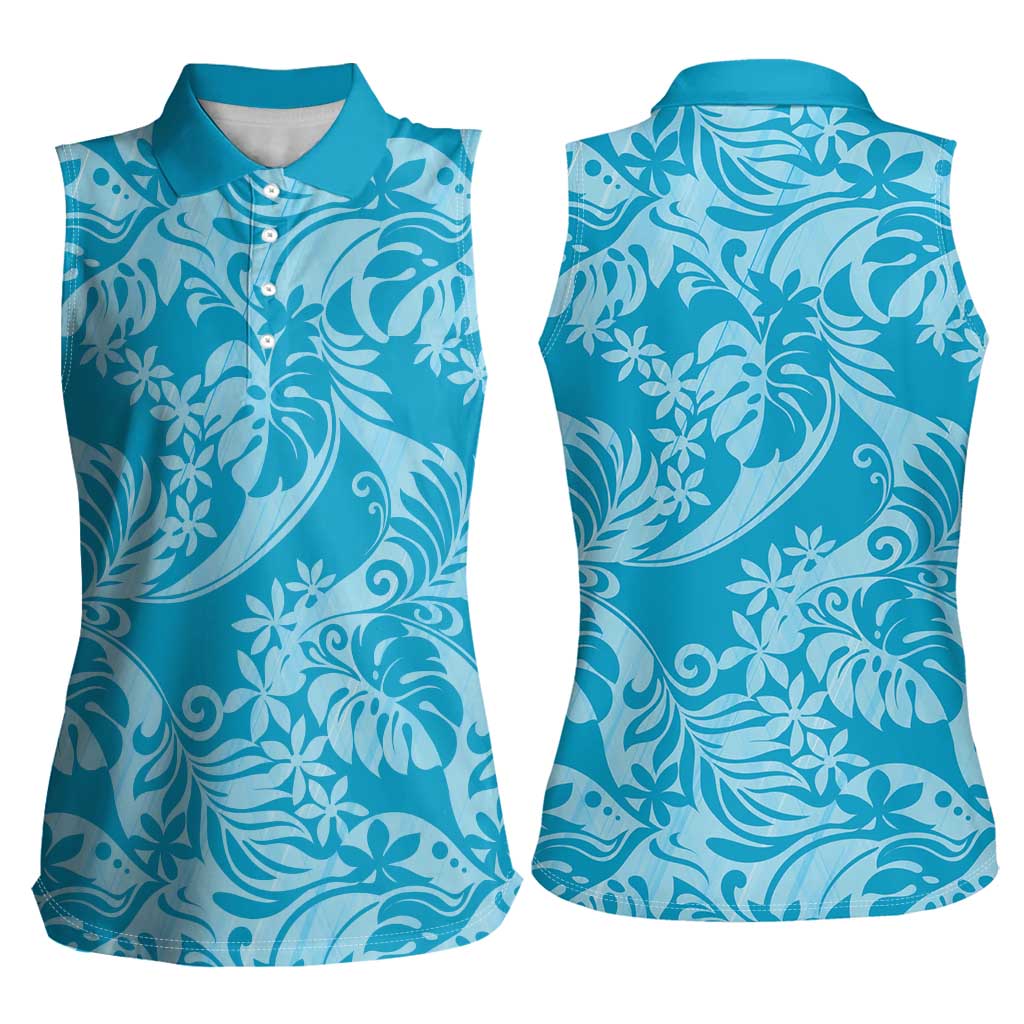Tahiti Ninamu Tiare Floral Women Sleeveless Polo Shirt Monstera Palm Tropical Leaves - Polynesian Pride