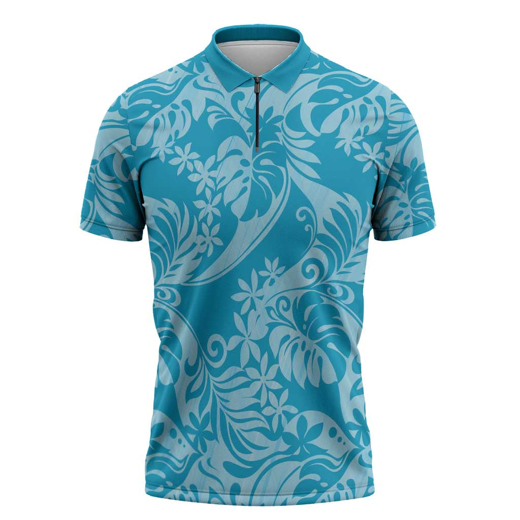 Tahiti Ninamu Tiare Floral Zipper Polo Shirt Monstera Palm Tropical Leaves - Polynesian Pride