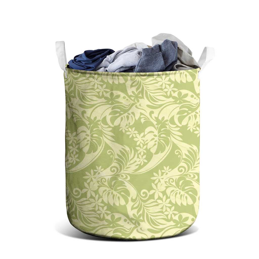 Tahiti Olive Tiare Floral Laundry Basket Monstera Palm Tropical Leaves - Polynesian Pride