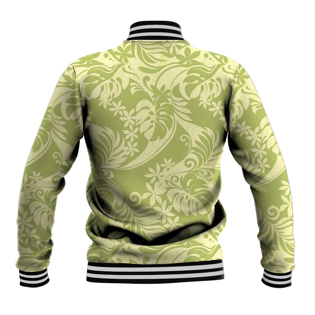 Tahiti Olive Tiare Floral Baseball Jacket Monstera Palm Tropical Leaves - Polynesian Pride