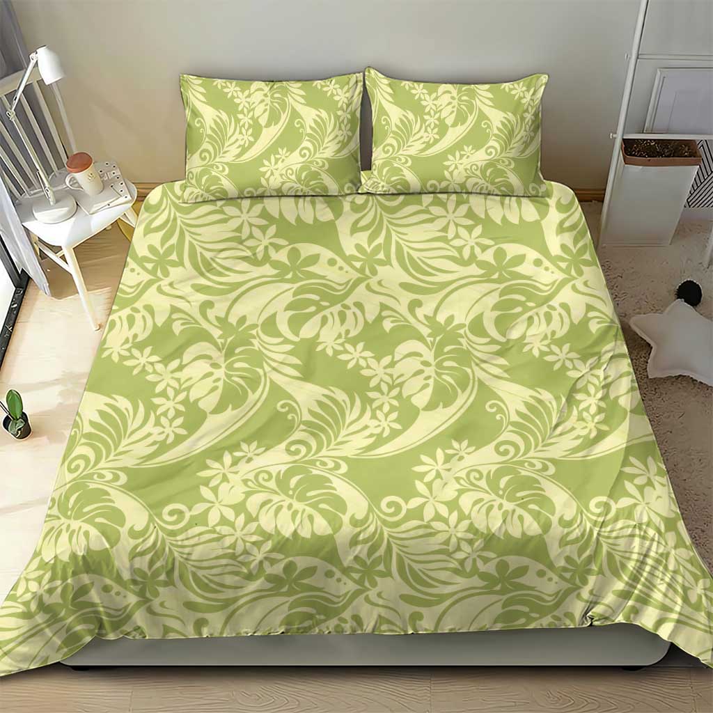 Tahiti Olive Tiare Floral Bedding Set Monstera Palm Tropical Leaves - Polynesian Pride