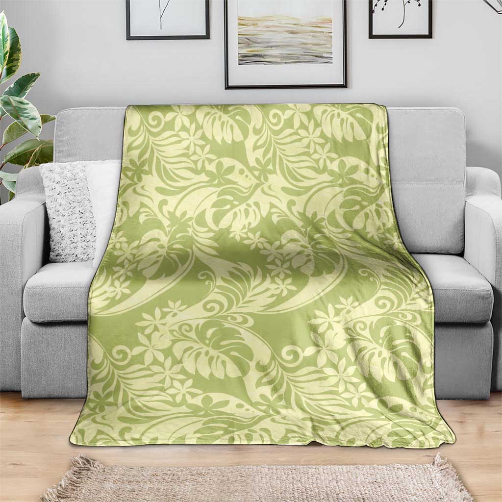 Tahiti Olive Tiare Floral Blanket Monstera Palm Tropical Leaves - Polynesian Pride