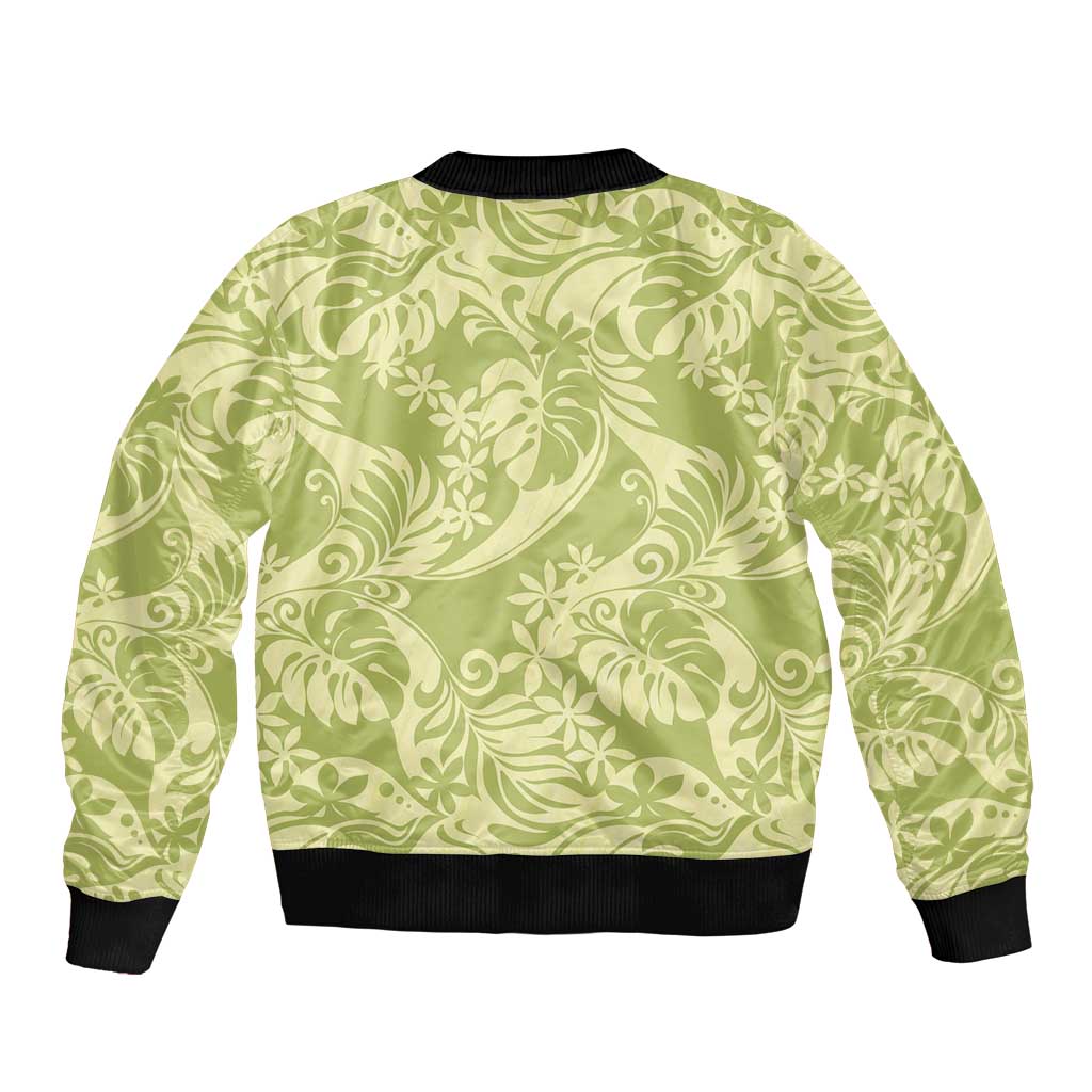 Tahiti Olive Tiare Floral Bomber Jacket Monstera Palm Tropical Leaves - Polynesian Pride