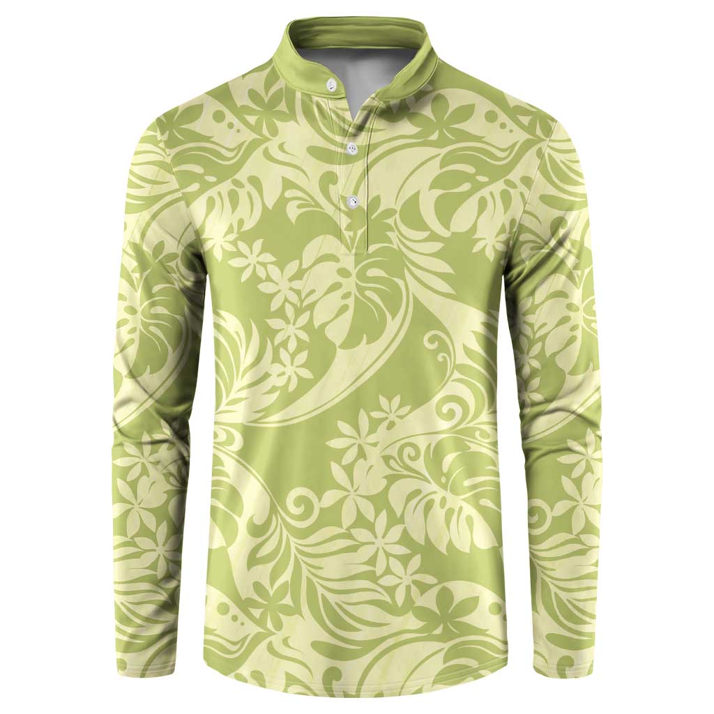 Tahiti Olive Tiare Floral Button Sweatshirt Monstera Palm Tropical Leaves - Polynesian Pride