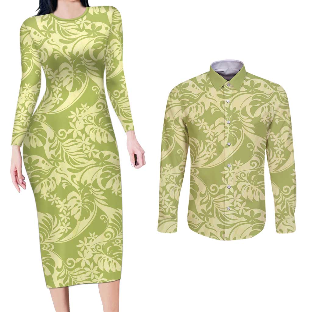 Tahiti Olive Tiare Floral Couples Matching Long Sleeve Bodycon Dress and Long Sleeve Button Shirt Monstera Palm Tropical Leaves - Polynesian Pride