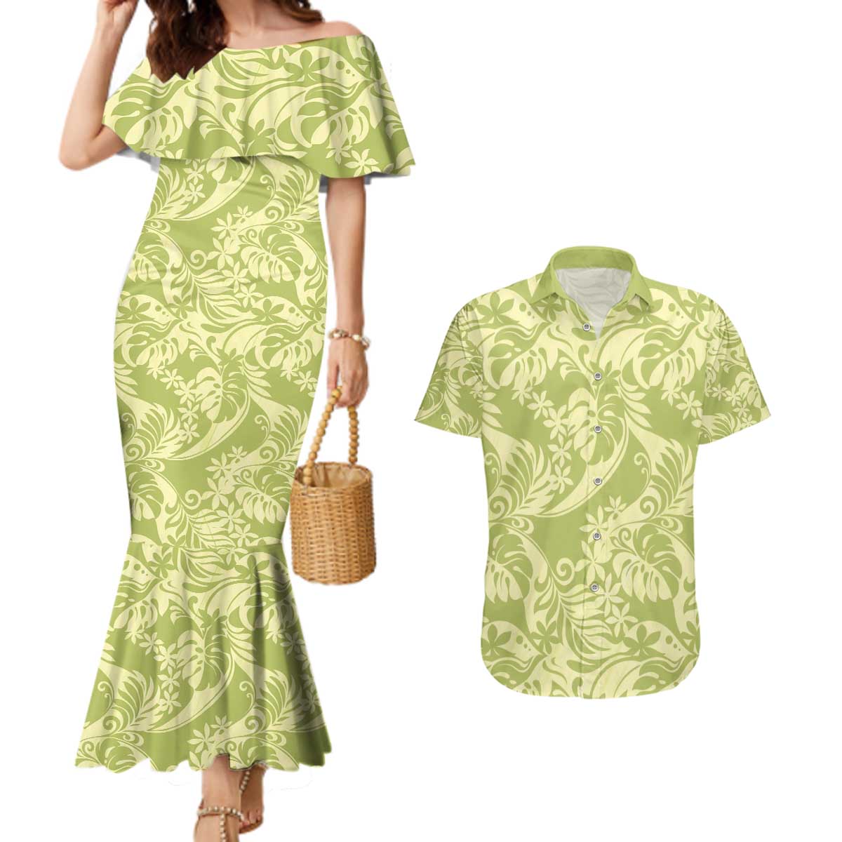 Tahiti Olive Tiare Floral Couples Matching Mermaid Dress and Hawaiian Shirt Monstera Palm Tropical Leaves - Polynesian Pride