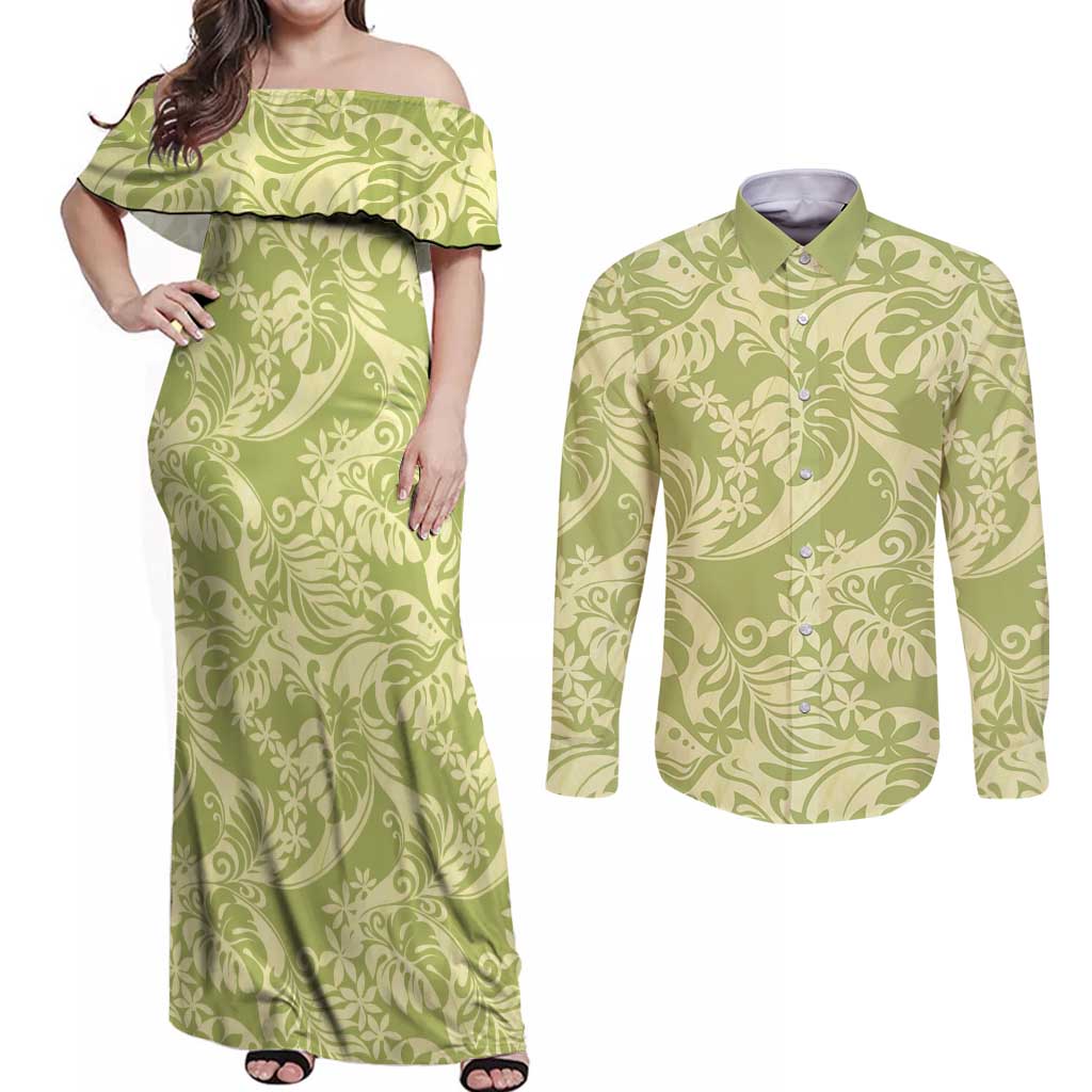 Tahiti Olive Tiare Floral Couples Matching Off Shoulder Maxi Dress and Long Sleeve Button Shirt Monstera Palm Tropical Leaves LT01 Olive - Polynesian Pride