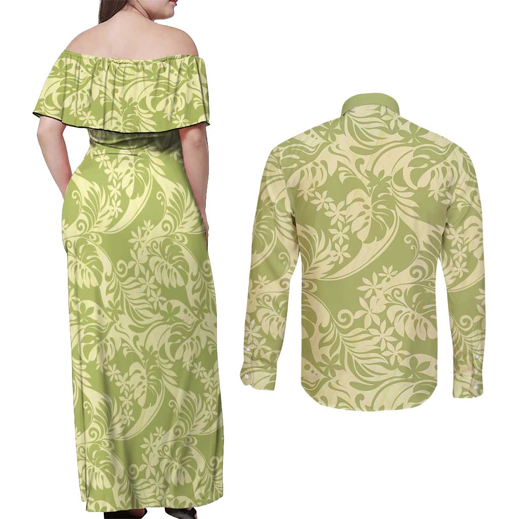 Tahiti Olive Tiare Floral Couples Matching Off Shoulder Maxi Dress and Long Sleeve Button Shirt Monstera Palm Tropical Leaves LT01 - Polynesian Pride