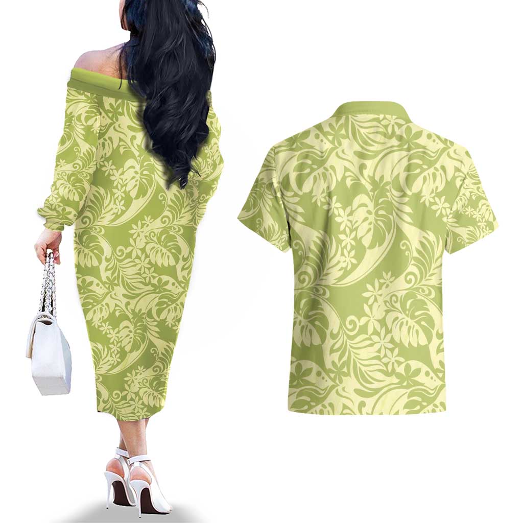 Tahiti Olive Tiare Floral Couples Matching Off The Shoulder Long Sleeve Dress and Hawaiian Shirt Monstera Palm Tropical Leaves - Polynesian Pride