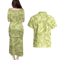Tahiti Olive Tiare Floral Couples Matching Puletasi and Hawaiian Shirt Monstera Palm Tropical Leaves - Polynesian Pride