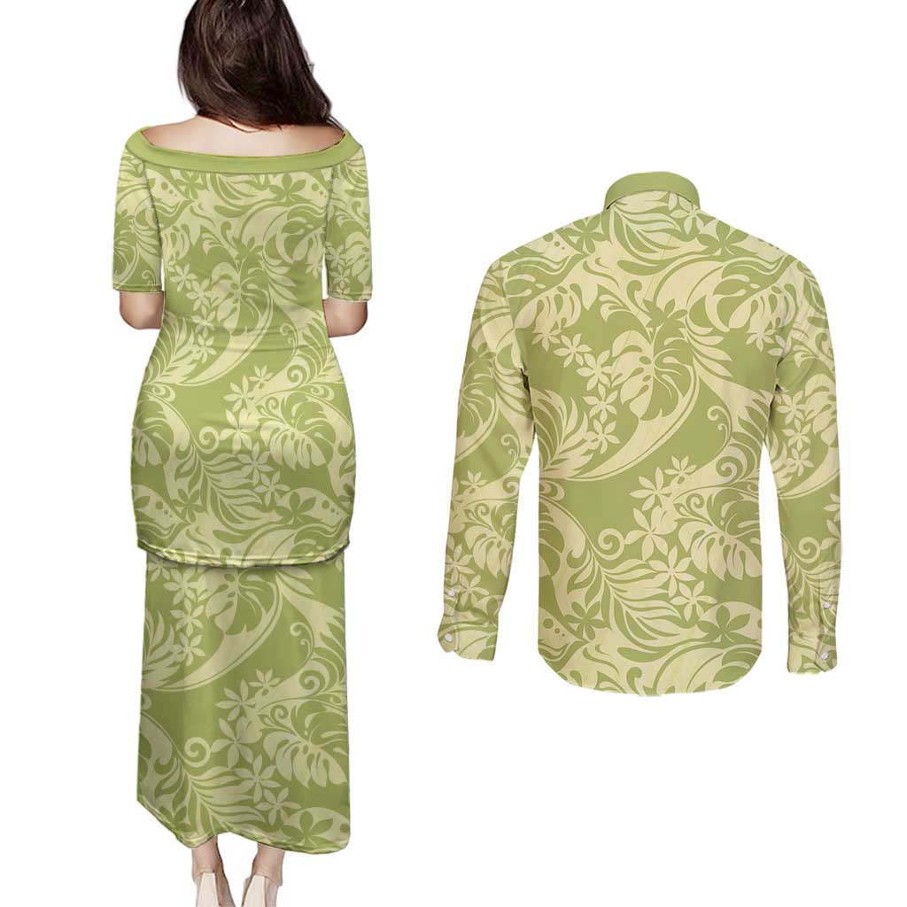Tahiti Olive Tiare Floral Couples Matching Puletasi and Long Sleeve Button Shirt Monstera Palm Tropical Leaves - Polynesian Pride