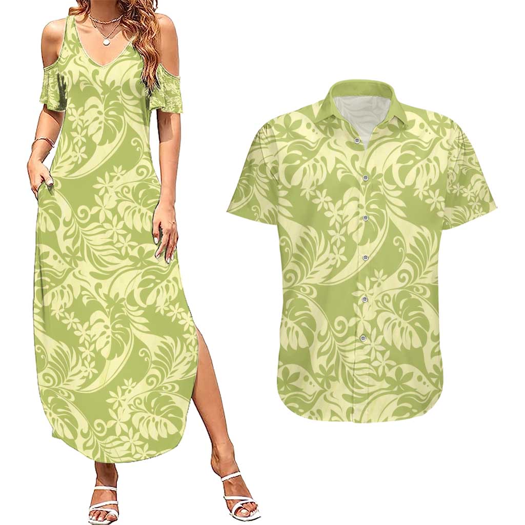 Tahiti Olive Tiare Floral Couples Matching Summer Maxi Dress and Hawaiian Shirt Monstera Palm Tropical Leaves - Polynesian Pride