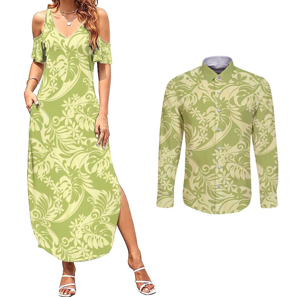 Tahiti Olive Tiare Floral Couples Matching Summer Maxi Dress and Long Sleeve Button Shirt Monstera Palm Tropical Leaves - Polynesian Pride
