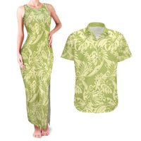 Tahiti Olive Tiare Floral Couples Matching Tank Maxi Dress and Hawaiian Shirt Monstera Palm Tropical Leaves - Polynesian Pride