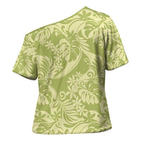 Tahiti Olive Tiare Floral Cross Shoulder Shirt Monstera Palm Tropical Leaves - Polynesian Pride