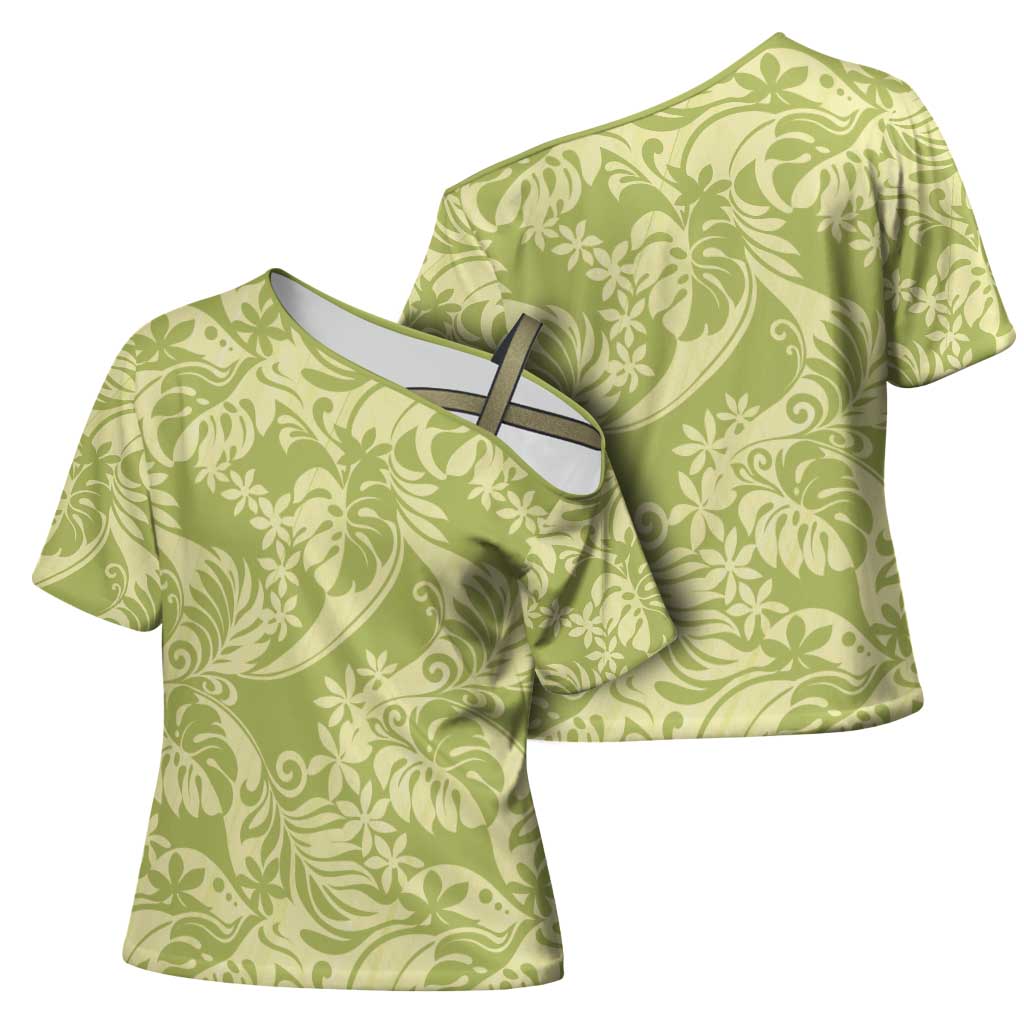 Tahiti Olive Tiare Floral Cross Shoulder Shirt Monstera Palm Tropical Leaves - Polynesian Pride