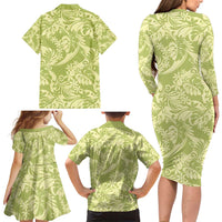 Tahiti Olive Tiare Floral Family Matching Long Sleeve Bodycon Dress and Hawaiian Shirt Monstera Palm Tropical Leaves - Polynesian Pride