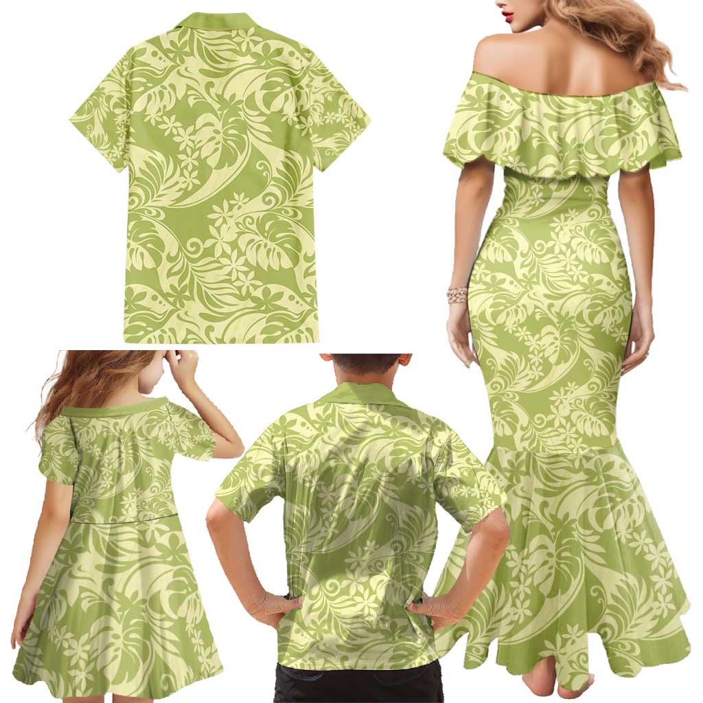 Tahiti Olive Tiare Floral Family Matching Mermaid Dress and Hawaiian Shirt Monstera Palm Tropical Leaves - Polynesian Pride