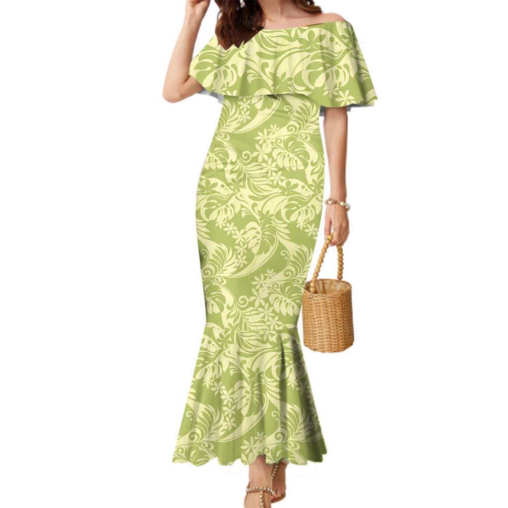 Tahiti Olive Tiare Floral Family Matching Mermaid Dress and Hawaiian Shirt Monstera Palm Tropical Leaves - Polynesian Pride