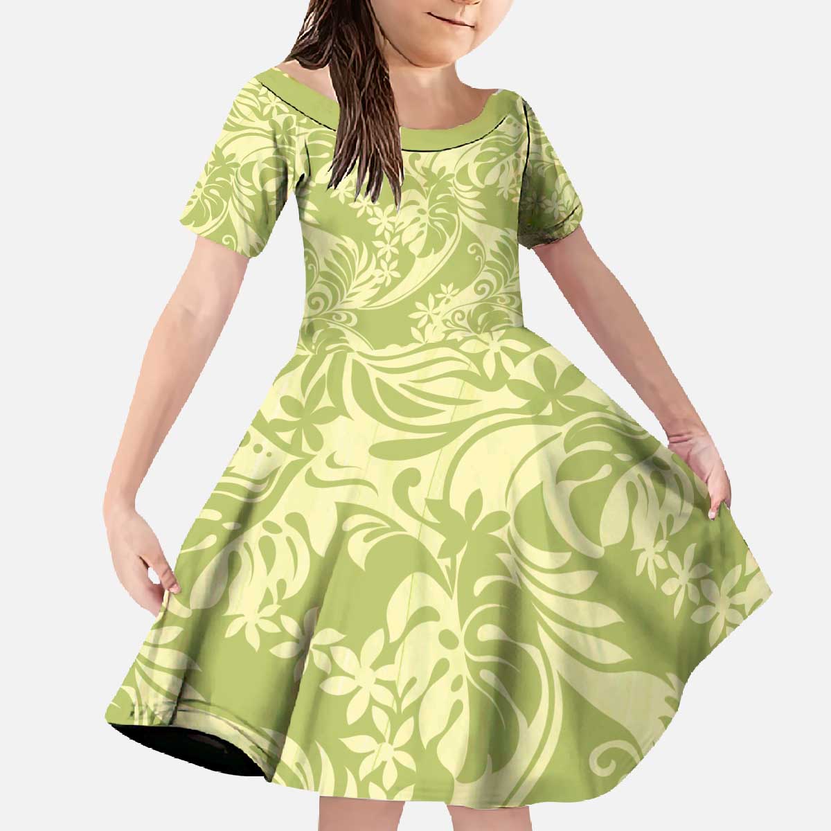 Tahiti Olive Tiare Floral Family Matching Off The Shoulder Long Sleeve Dress and Hawaiian Shirt Monstera Palm Tropical Leaves - Polynesian Pride