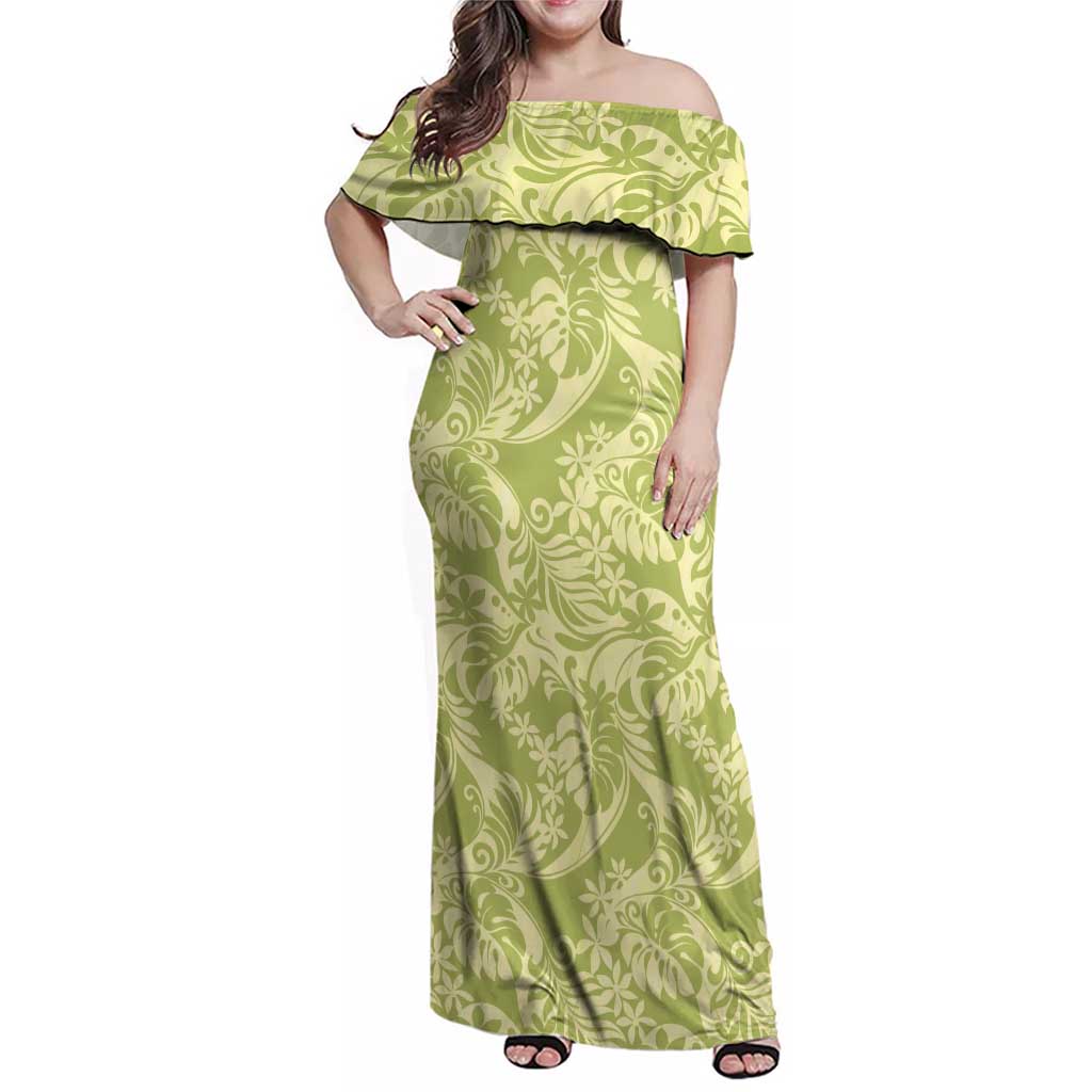 Tahiti Olive Tiare Floral Family Matching Off Shoulder Maxi Dress and Hawaiian Shirt Monstera Palm Tropical Leaves - Polynesian Pride